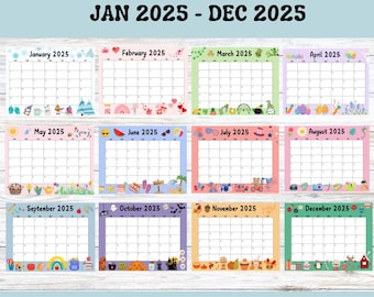 Editable 2025 Calendar Printable, January 2025 - December 2025 Year 12 Month Instant Download for School Office, Fillable Calendar