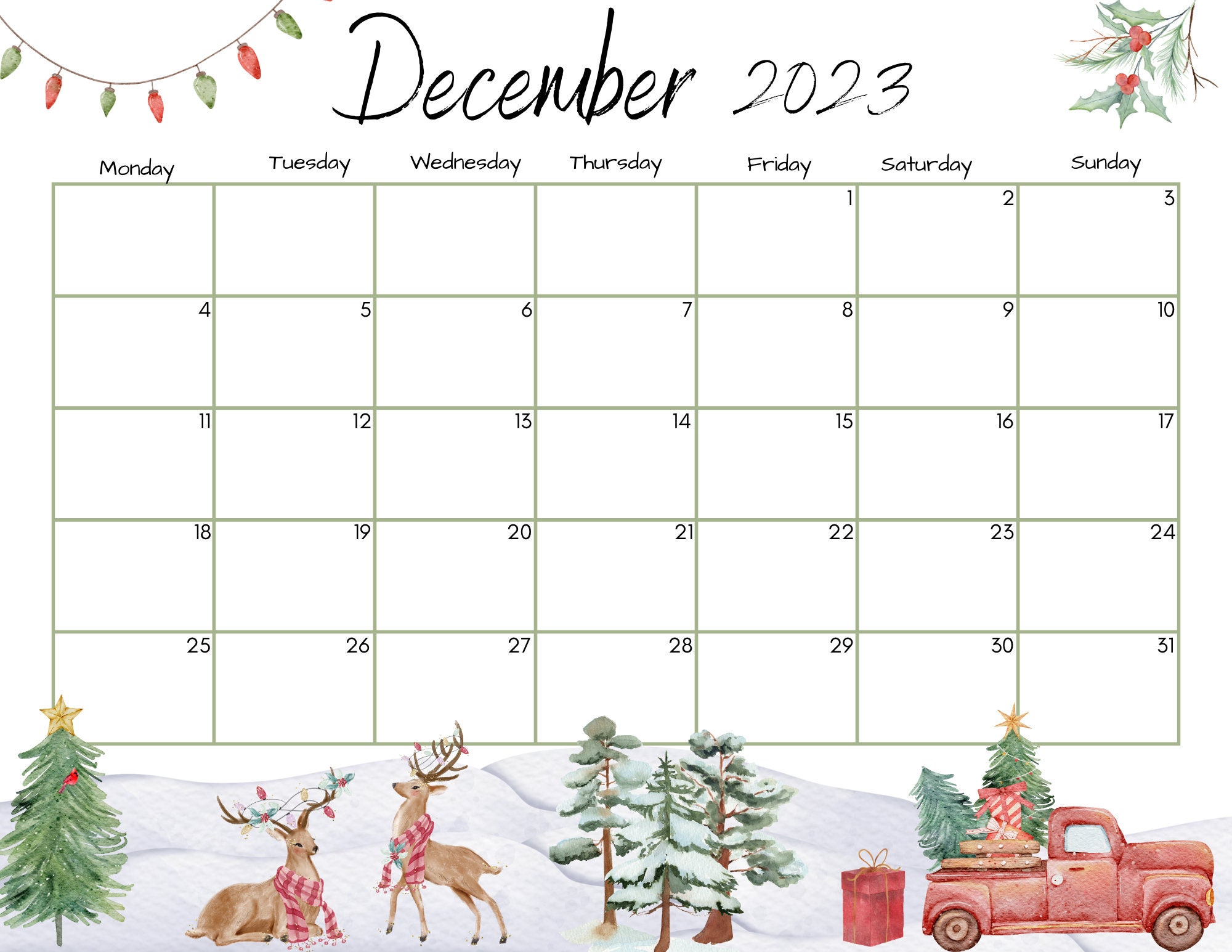 Editable December 2023 Calendar PDF Template, Christmas Countdown