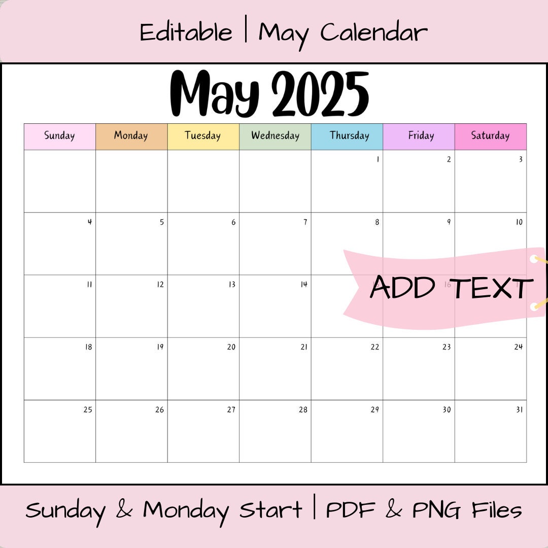 Editable may 2025 calendar printable activity planner rainbow