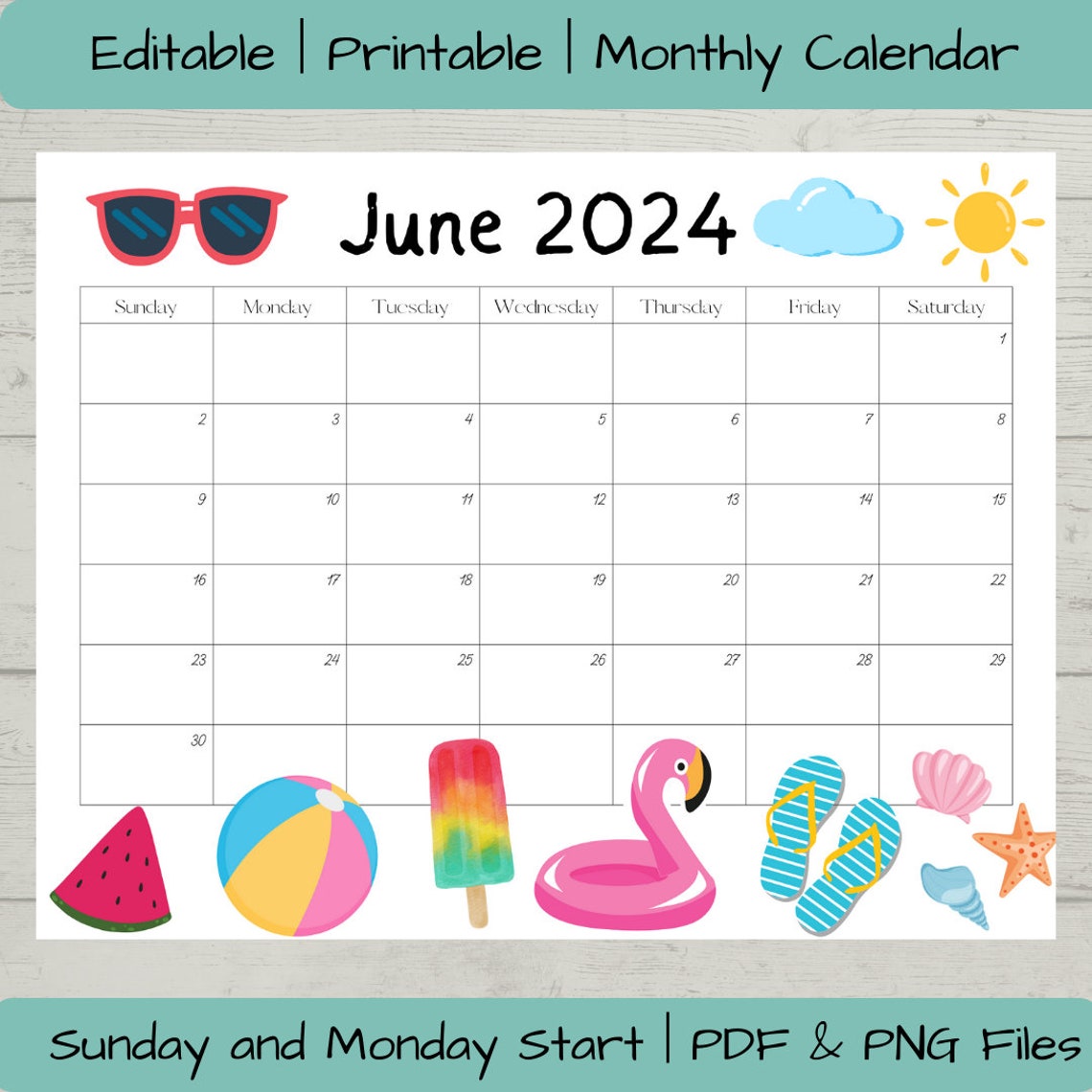 Editable June 2024 Calendar PDF and PNG Template, Printable June