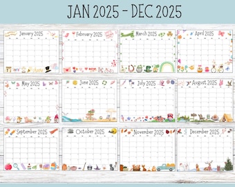 Editable 2025 Calendar Printable, January 2025 - December 2025 Year 12 Month Instant Download for School Office, Fillable Calendar Theme