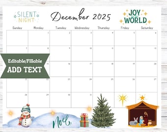 Editable December 2025 Calendar,  Fillable Printable Digital Download, Snow Globe, Christmas Trees, School Schedule, Office Meetings Plan
