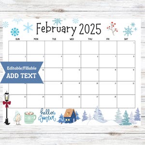 Calendario de febrero de 2025 editable e imprimible, planificador de actividades, calendario de aula, descarga digital, calendario de San Valentín con corazones de invierno