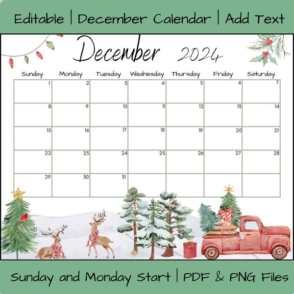Bearbeitbarer Dezember 2024 Kalender, PDF-Vorlage, Weihnachts-Countdown-Kalender 2024, druckbare Dezemberkalendervorlage, Aktivitätskalender