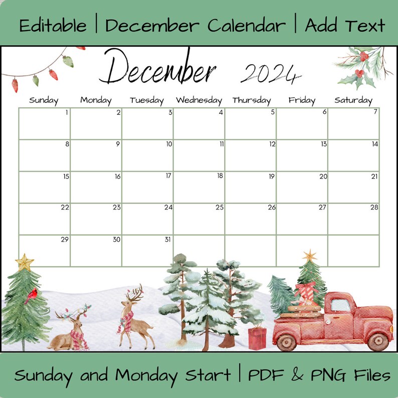 Editable December 2024 Calendar PDF Template, Christmas Countdown ...