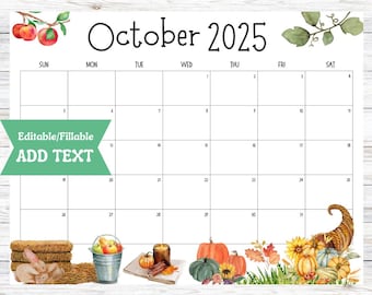 Editable October 2025 Calendar, Fillable Printable Halloween Template, School Office Activity Planner, Cute Scarecrow Pumpkins Fall Autumn