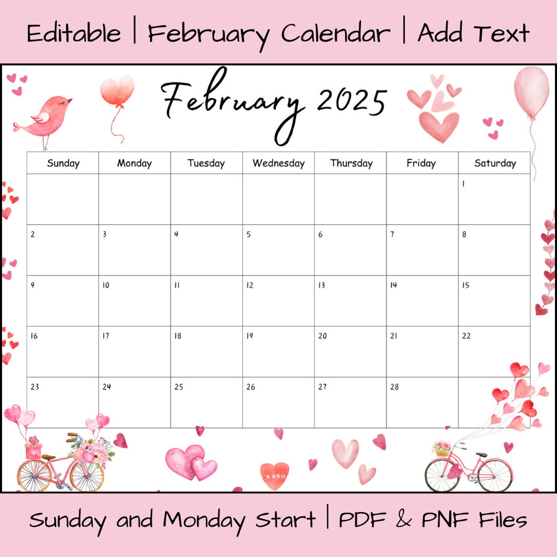 Editable February 2025 Calendar Printable, Activity Planner, Classroom