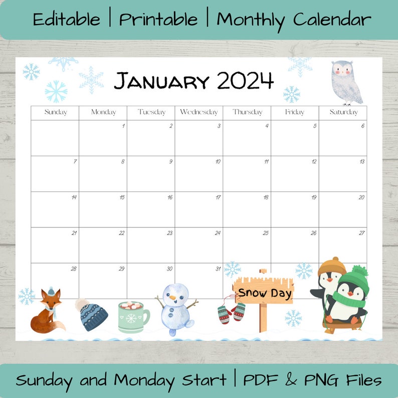 Editable January 2024 Calendar PDF Template, Winter 2024 Calendar
