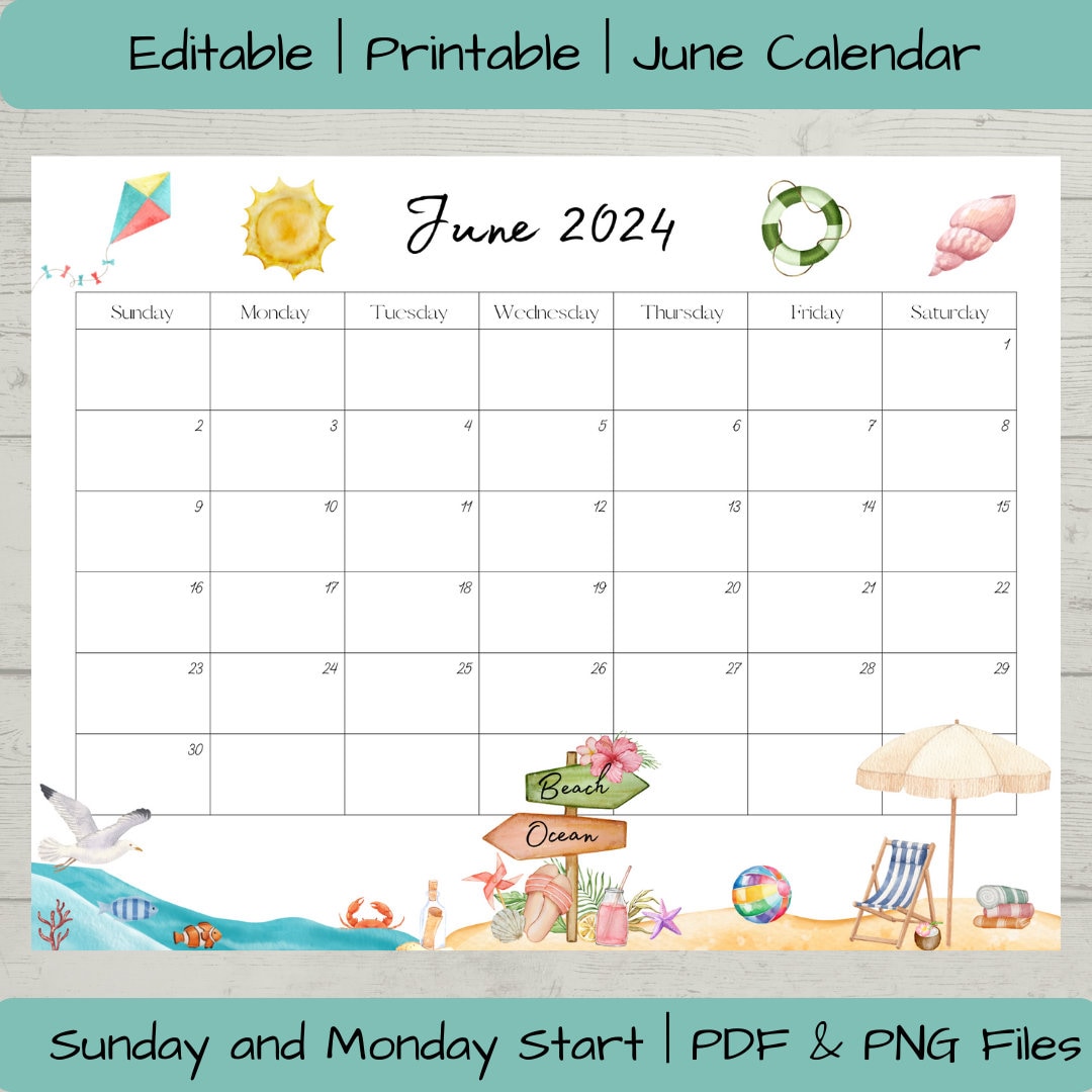 Editable June 2025 Calendar PDF and PNG Template, Printable June