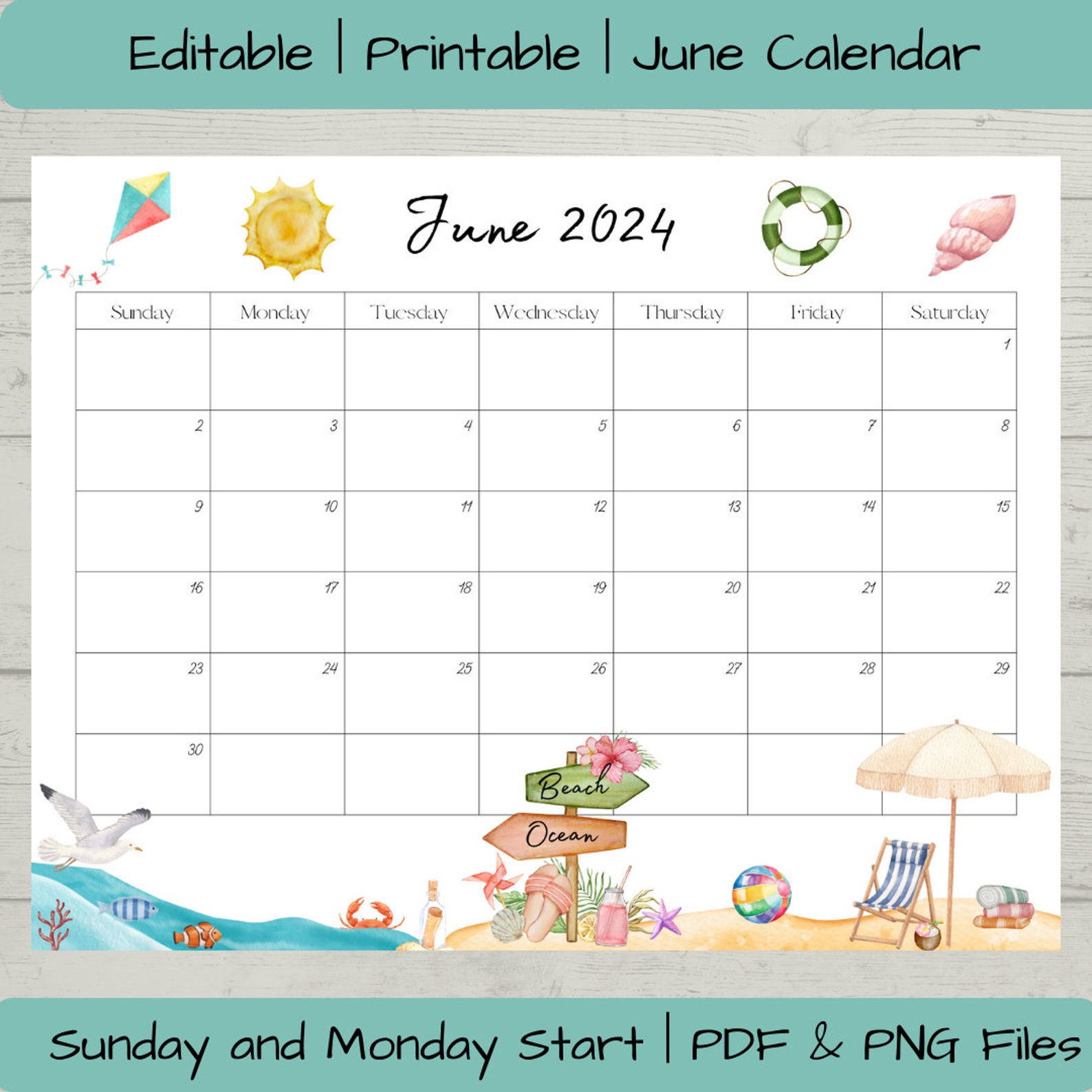 Editable June 2024 Calendar PDF and PNG Template, Printable June