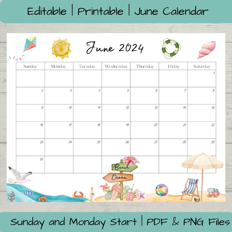 Editable June 2024 Calendar PDF and PNG Template, Printable June