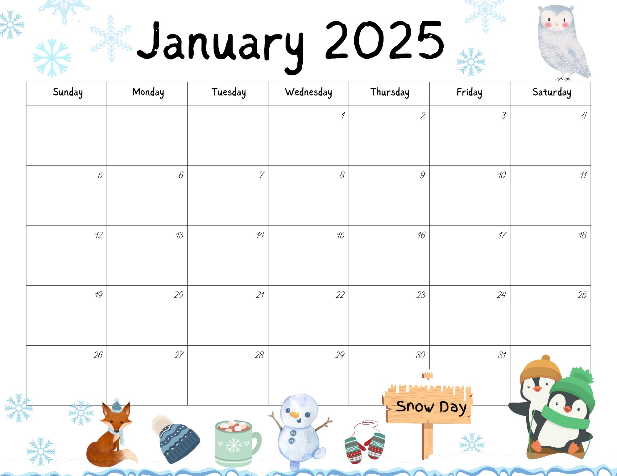Editable January 2025 Calendar PDF Template, Winter 2025 Calendar, Printable January Calendar