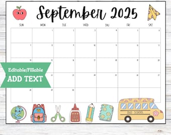 Editable September 2025 Calendar, Fillable Printable Digital Download, Fall Autumn Activity, School Daily Planner, Work Meetings, Pumpkins
