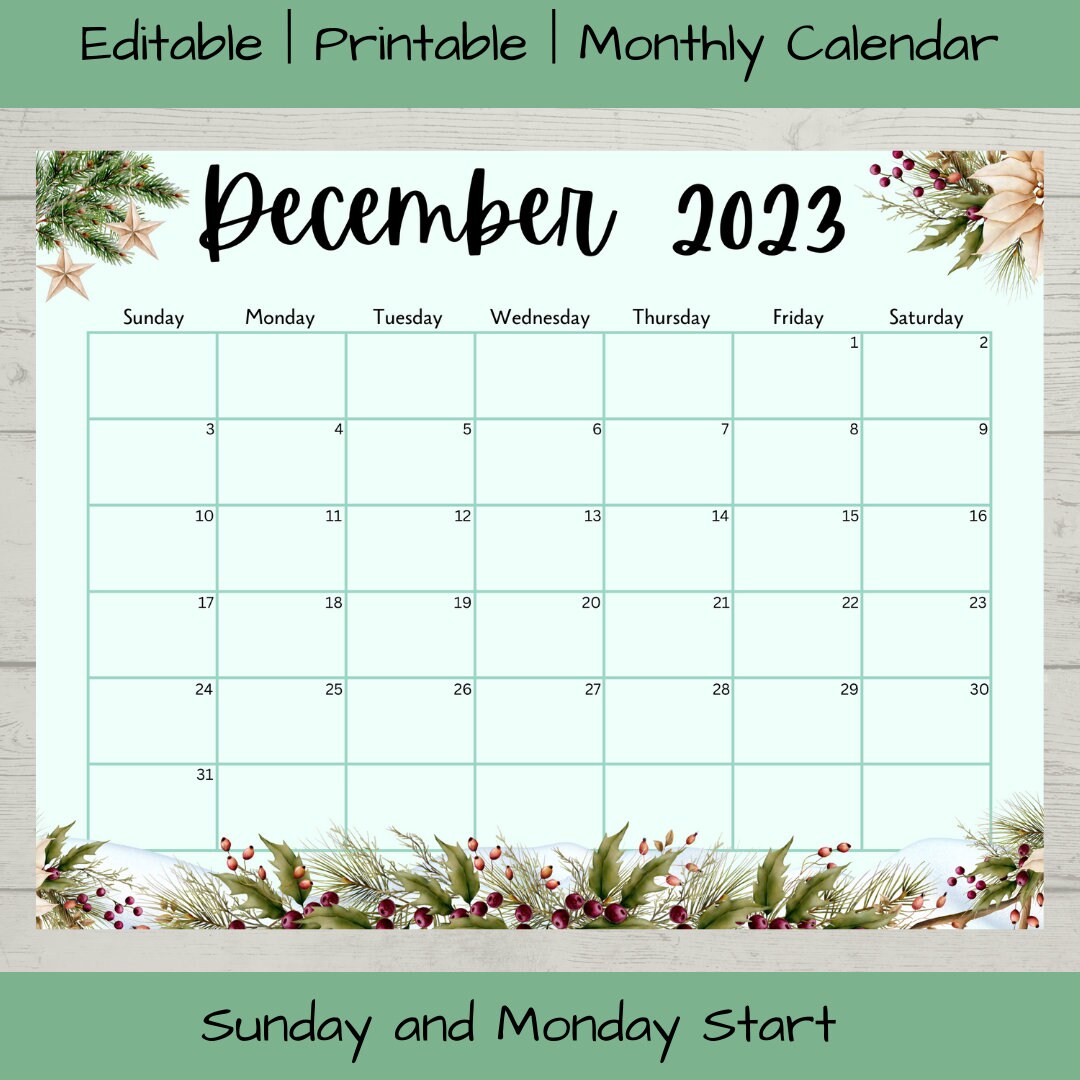 Editable December 2023 Calendar PDF Template, Christmas Countdown Calendar 2023, Printable