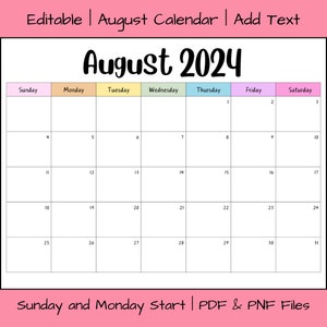 Editable August 2024 Calendar, Printable August Calendar, Digital ...