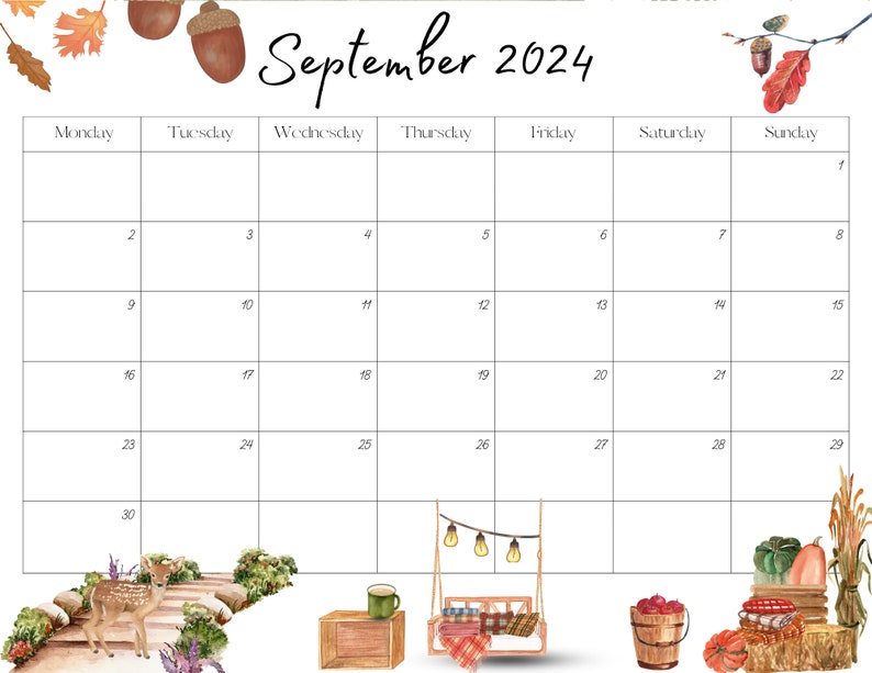 Editable September 2024 Calendar PDF and PNG Template, Printable