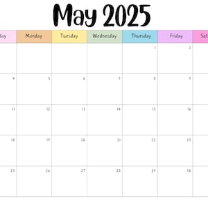 Editable May 2025 Calendar Printable Activity Planner, Rainbow ...