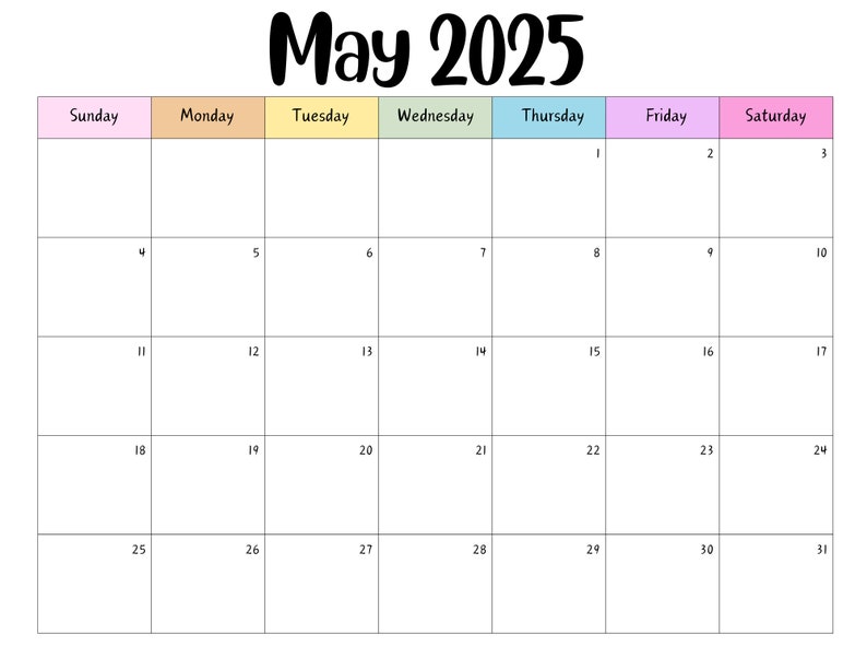 Editable May 2025 Calendar Printable Activity Planner, Rainbow ...