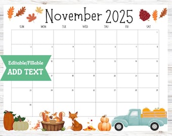 Editable November 2025 Calendar, Fillable Printable Digital Download, Preschool Daycare Activity Meal Planner, Thanksgiving Activity Planner