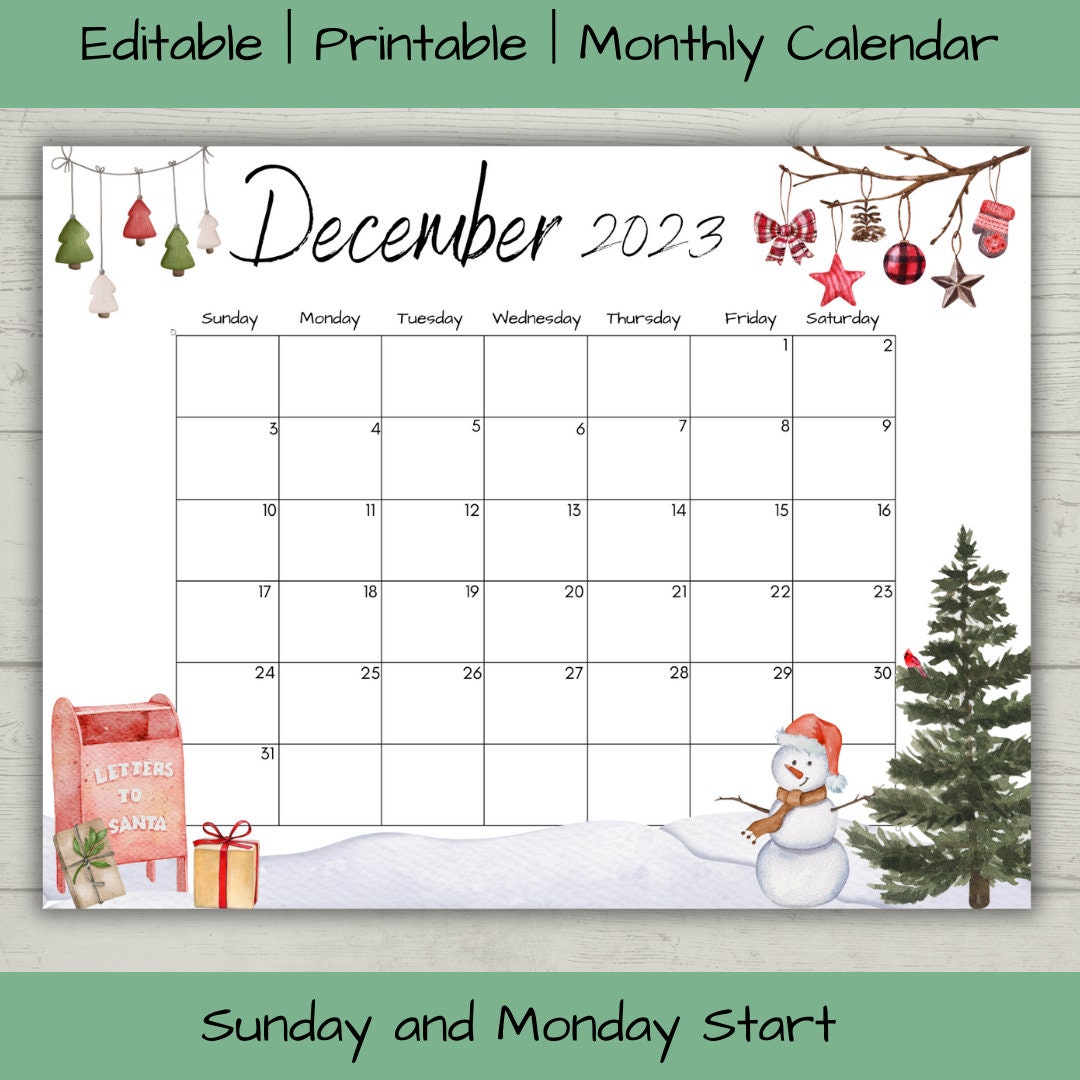 Editable December 2023 Calendar, Christmas Countdown Calendar