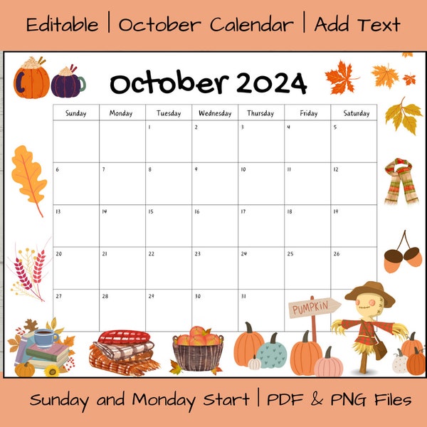 Bearbeitbarer Kalender für Oktober 2024, druckbarer Halloween-Kalender, Kinderkalender, Herbstkürbise und Vogelscheuche, Schulaktivitätsplaner