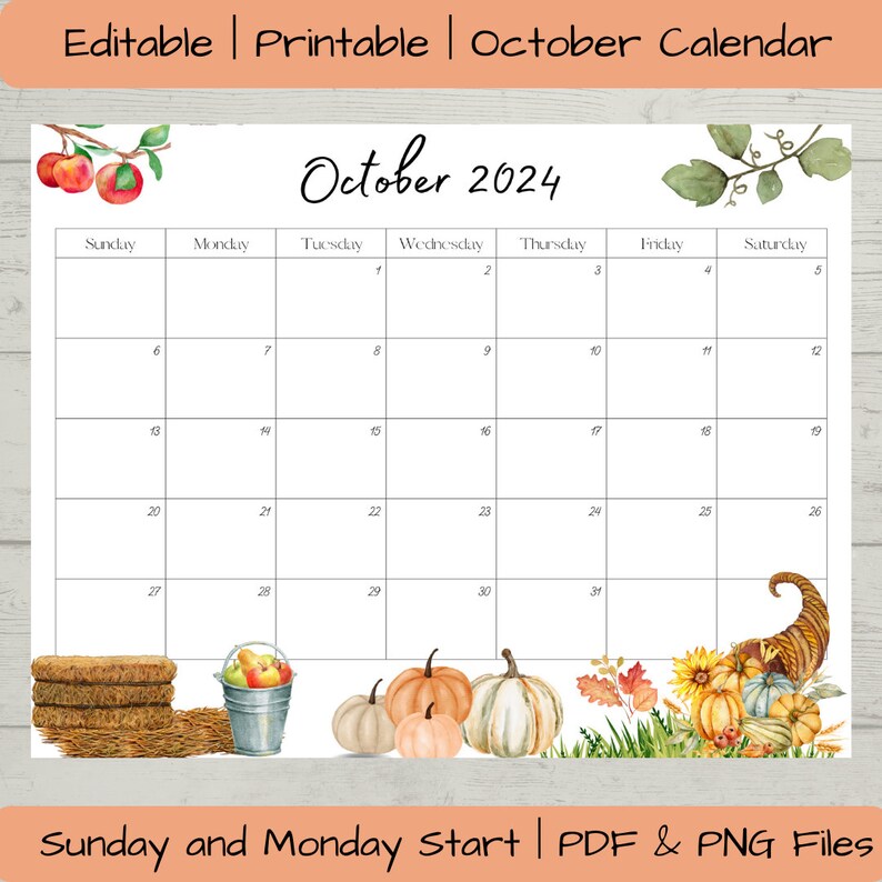 Editable October 2024 Calendar PDF and PNG Template, Printable Digital