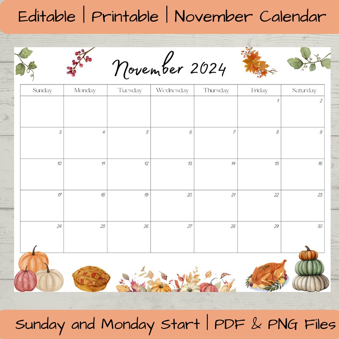 Editable November 2024 Calendar PDF and PNG Template, Printable Digital
