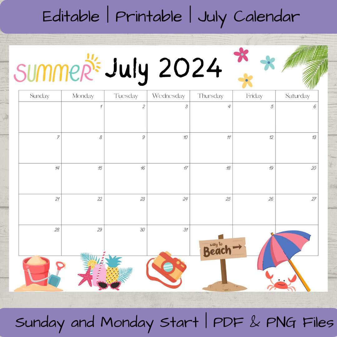 Editable July 2024 Calendar PDF and PNG Template, Printable July ...