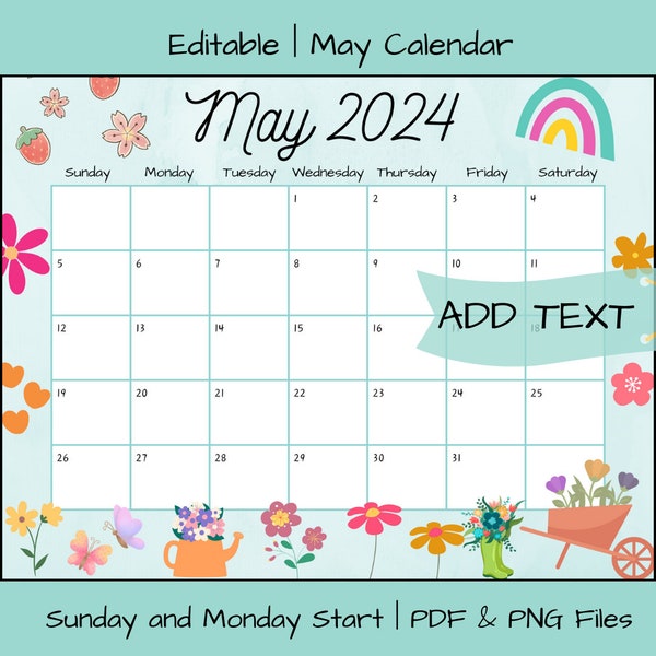 EDITABLE May 2024 Calendar, Printable Wall Calendar, Digital Download, Office School Homework Planner, Bird Butterflies Flowers Spring Plan