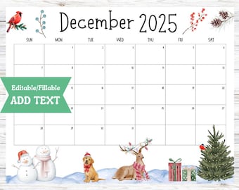Editable December 2025 Calendar, Christmas Countdown, Fillable Printable Digital Download, Red Truck, Cute Christmas Tree, School Planner
