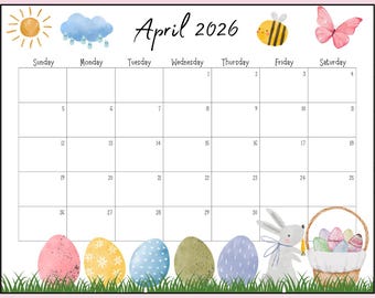 EDITABLE April 2026 Calendar, Easter Calendar, Activity Planner Classroom Organization Digital Download Wall Office Printable Schedule