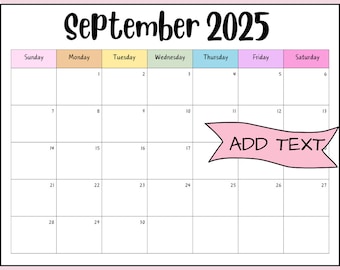 Editable September 2025 Calendar, Printable Digital Download, Wall Calendar Planner, Fall Calendar, Rainbow School Planner
