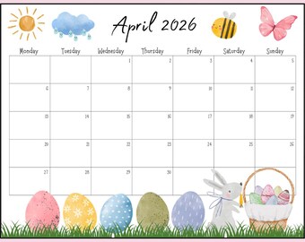 EDITABLE April 2026 Calendar, Easter Calendar, Activity Planner Classroom Organization Digital Download Wall Office Printable Schedule