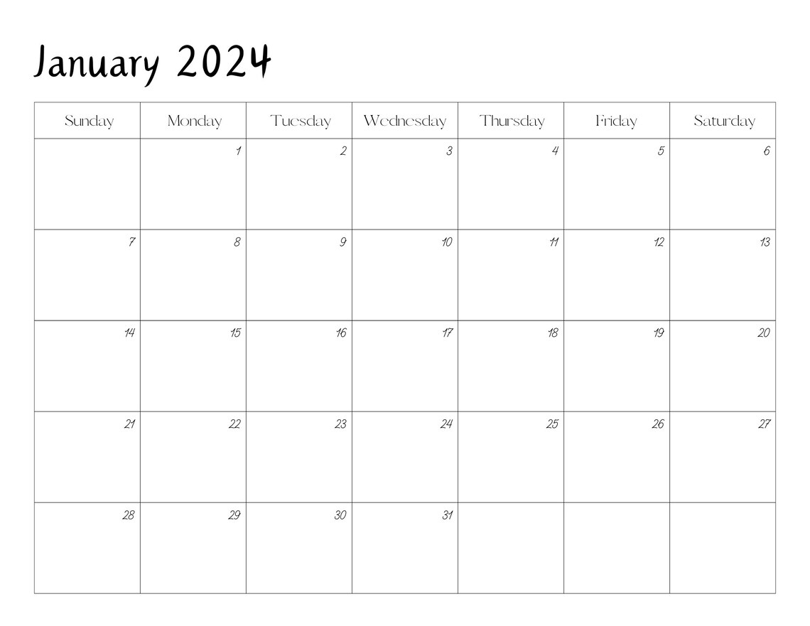 Editable January 2024 Calendar PDF Template, Winter 2024 Calendar