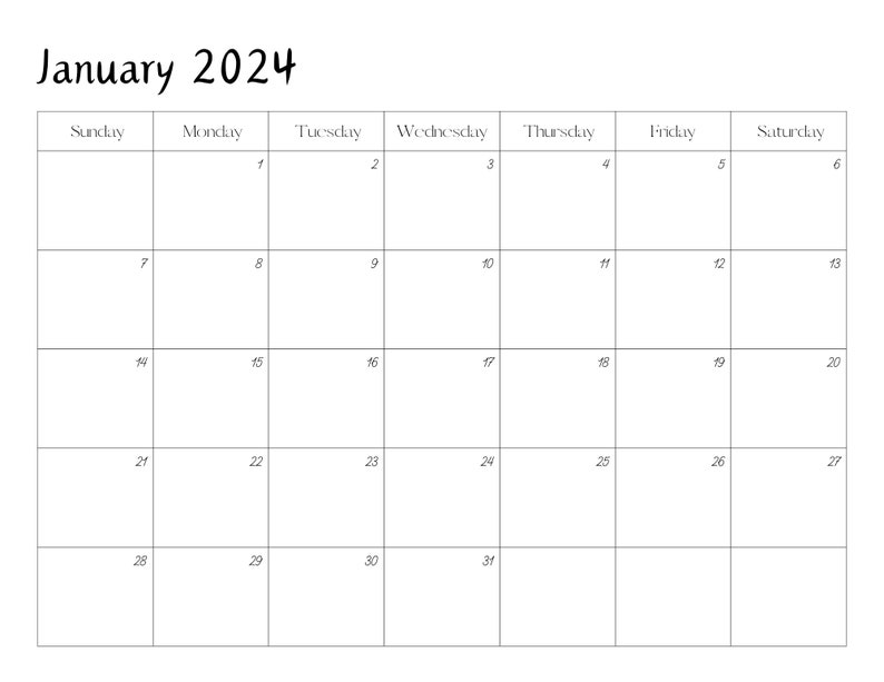Editable January 2024 Calendar PDF Template, Winter 2024 Calendar
