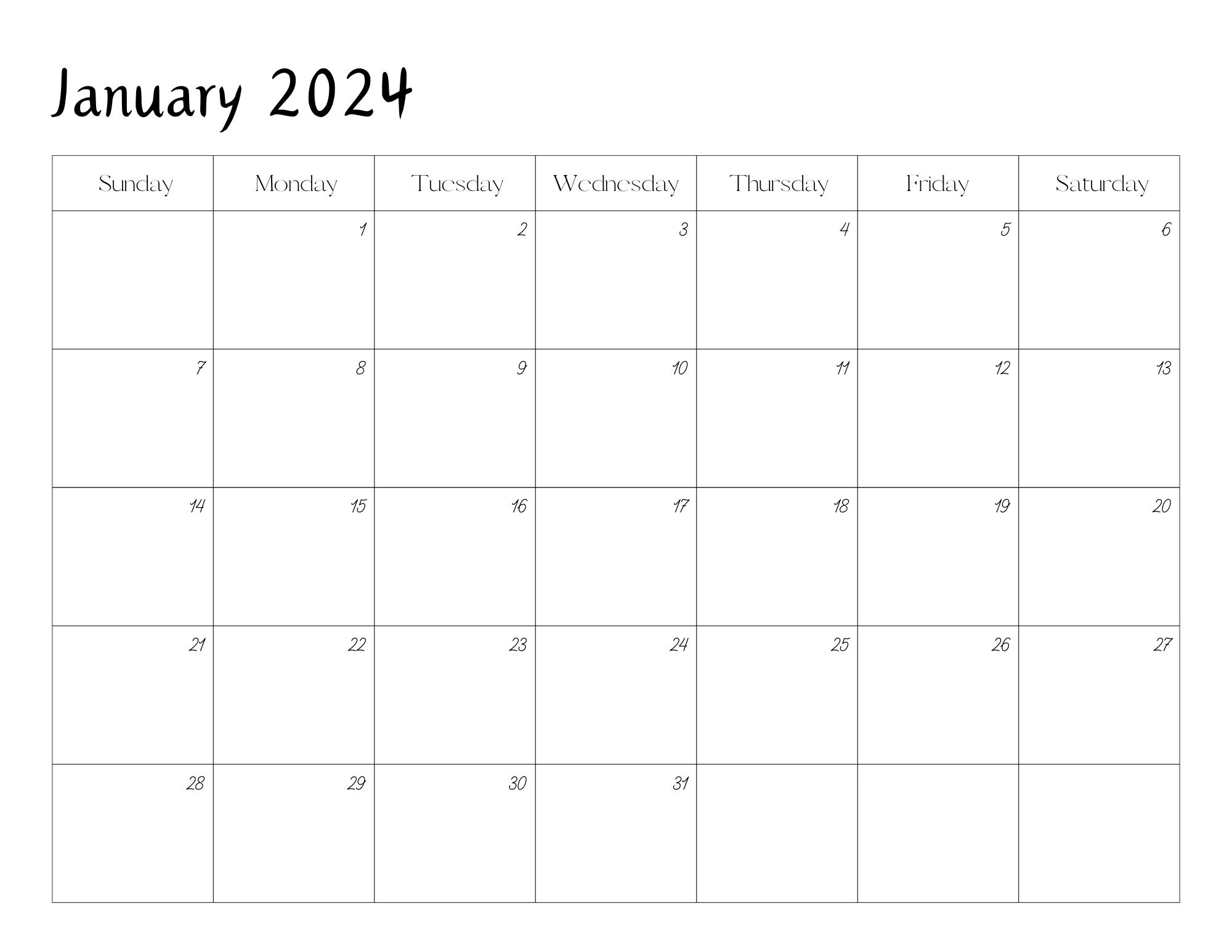 Editable January 2024 Calendar PDF Template, Winter 2024 Calendar