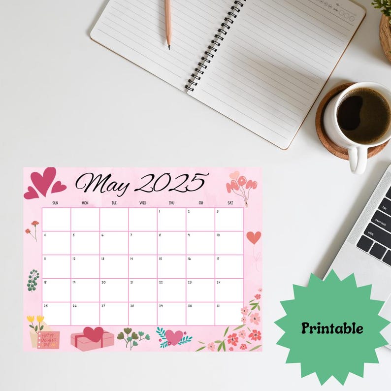 EDITABLE May 2025 Calendar, Printable Wall Calendar, Digital Download