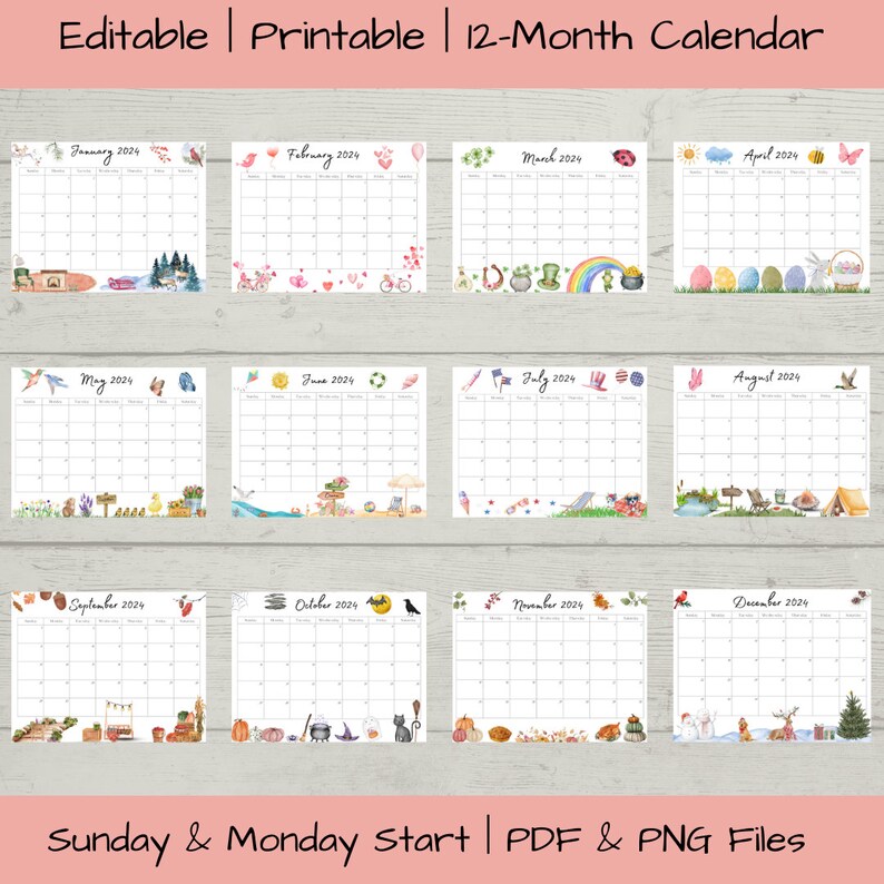 Editable 2024 Calendar Bundle, Printable January Calendar 2024, Whole