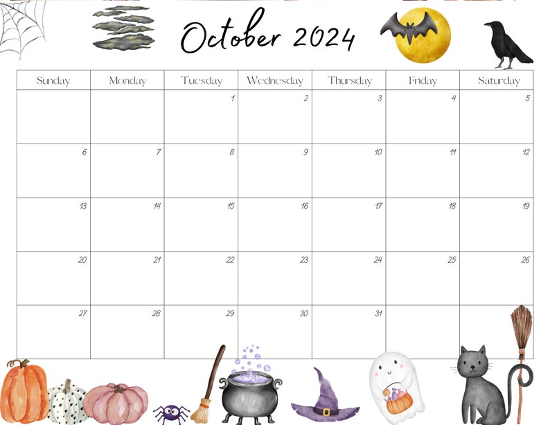Editable October 2024 Calendar PDF and PNG Template, Printable Digital