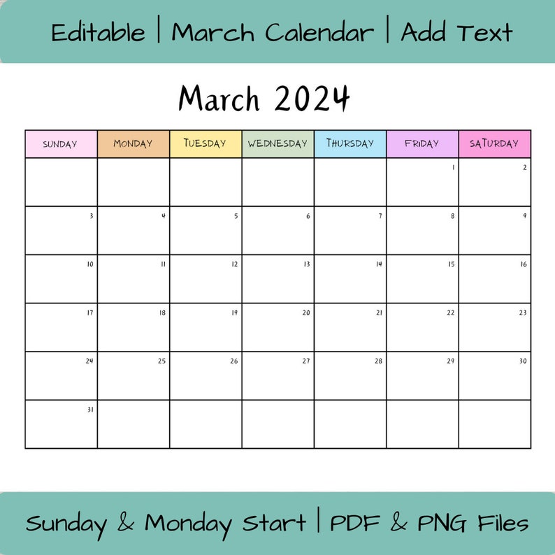 EDITABLE March 2024 Calendar Fillable Monthly Activity Planner