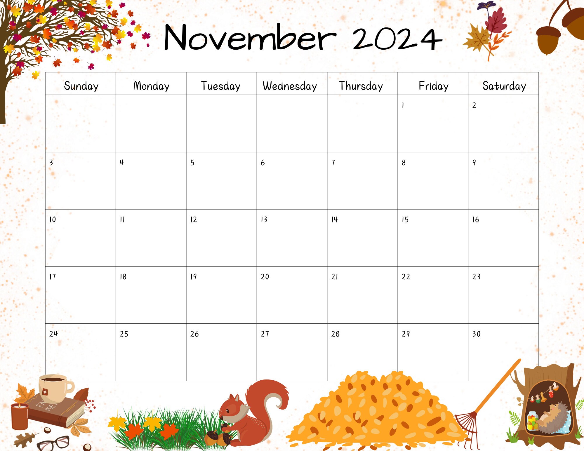 Editable November 2024 Calendar Template, Editable Calendar for Home