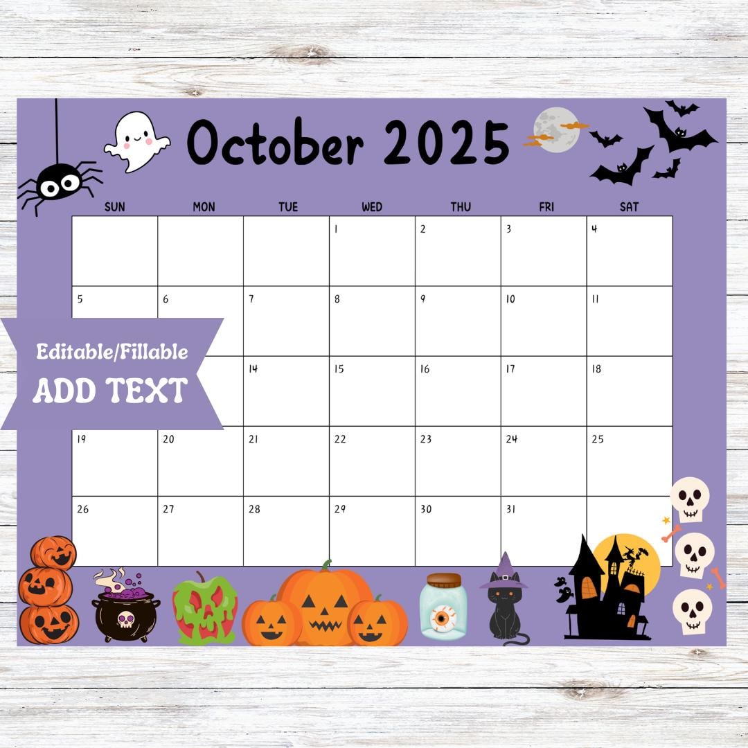 Editable October 2025 Calendar, Printable Fillable Digital Download