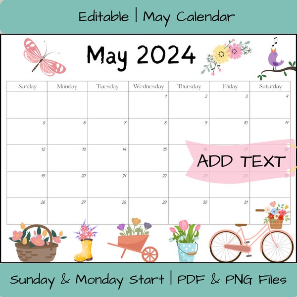 Editable May 2024 Calendar, Printable Wall Calendar, Digital Download, Office School Homework Planner, Bird Butterflies Flowers Spring Plan