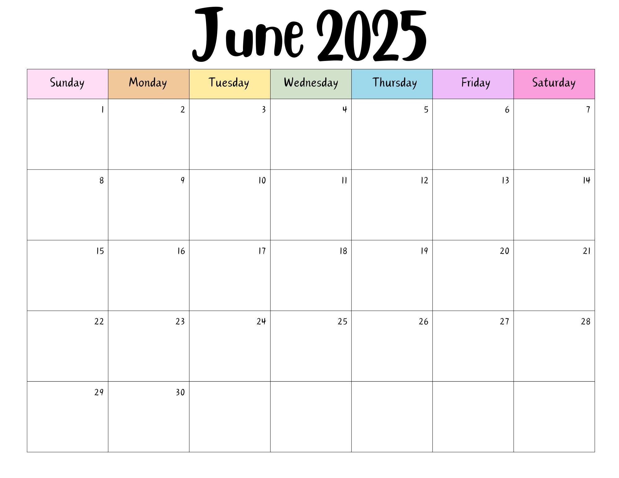 Editable june 2025 calendar printable activity planner rainbow