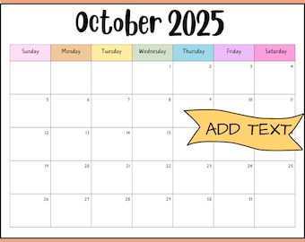 Editable October 2025 Calendar, Printable Digital Download, Wall Calendar Planner, Fall Calendar, Rainbow School Planner
