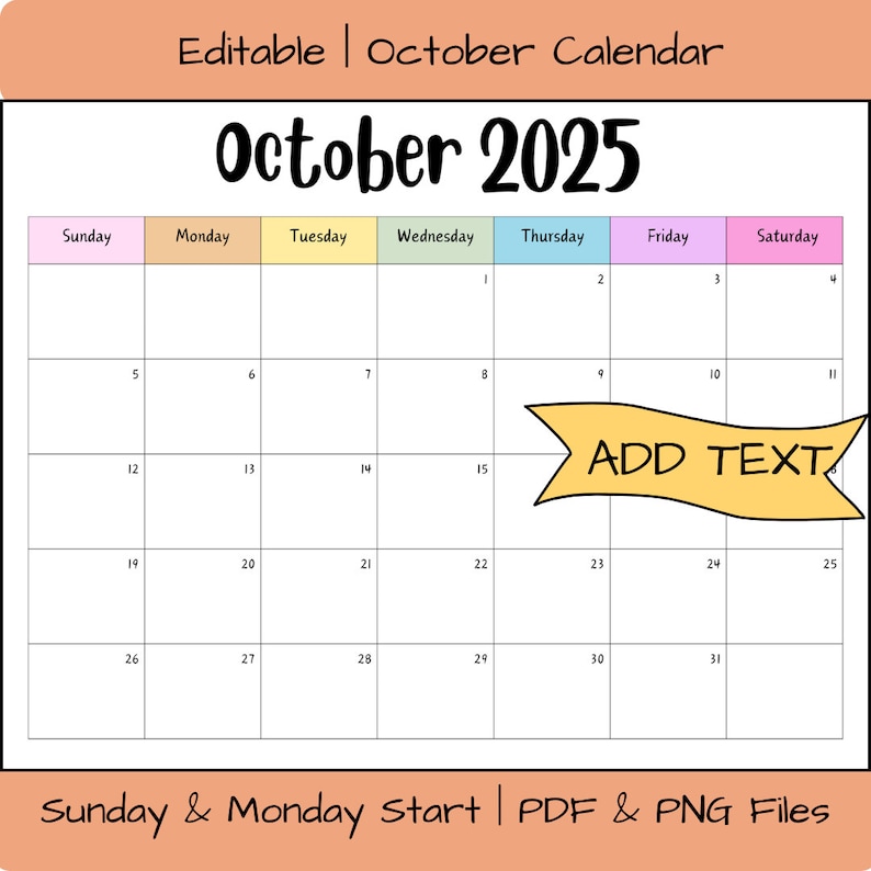 Editable October 2025 Calendar, Printable Digital Download, Wall