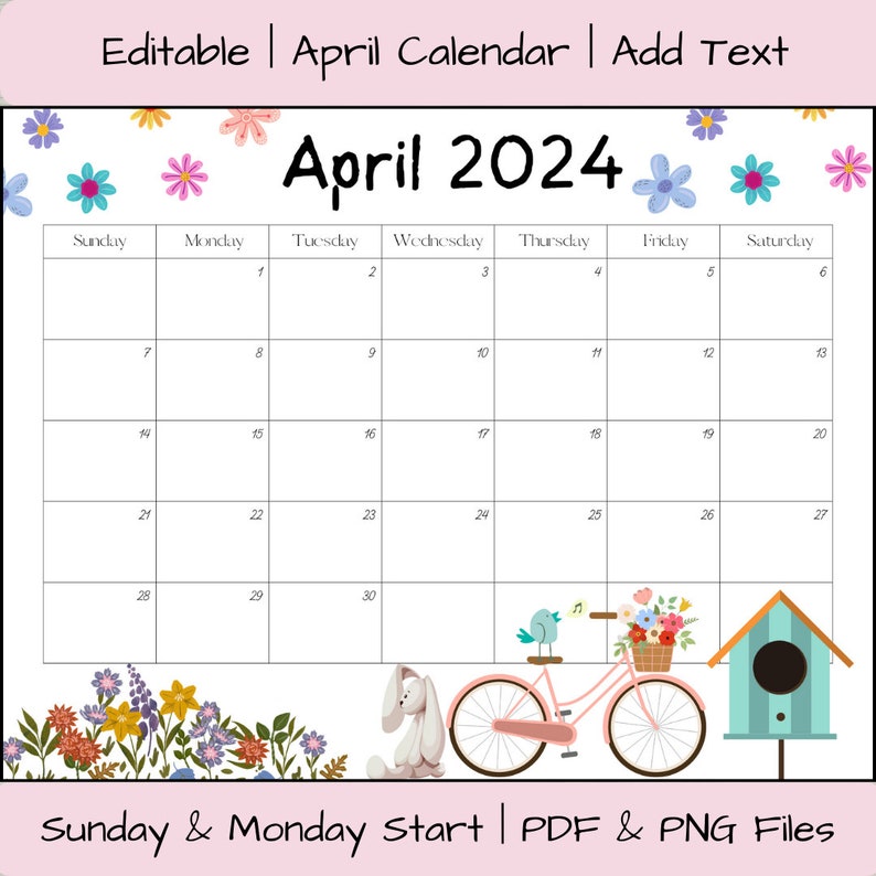Editable April 2025 Calendar PDF Template, 2025 Calendar, Printable