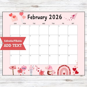 Calendario imprimible editable de febrero de 2026, planificador de actividades, calendario para el aula, descarga digital, calendario de San Valentín con corazones