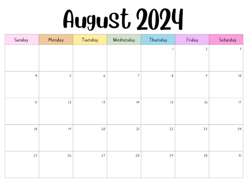 Editable August 2024 Calendar, Printable August Calendar, Digital ...
