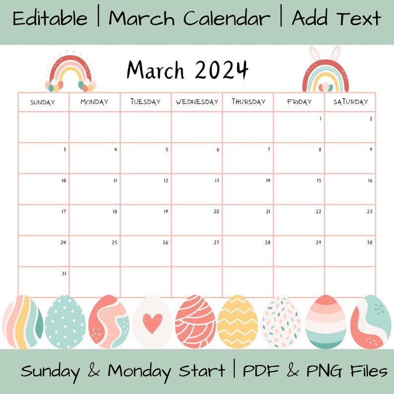 EDITABLE March 2024 Calendar Fillable Monthly Activity Planner
